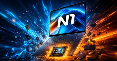 Laptop Lenovo Yoga Pro 7 con el logo "N1" en la pantalla, rodeada de explosiones de colores azul y naranja y teclas flotantes.