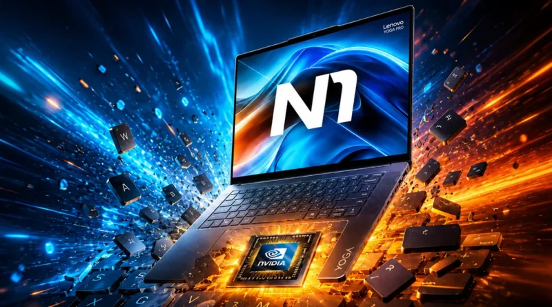 Laptop Lenovo Yoga Pro 7 con el logo "N1" en la pantalla, rodeada de explosiones de colores azul y naranja y teclas flotantes.