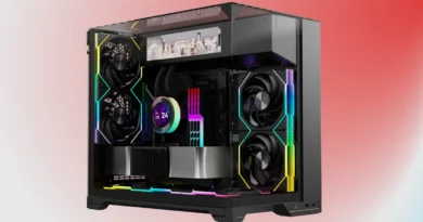 Gabinete Micro-ATX negro con diseño de doble cámara, iluminación RGB, seis ventiladores visibles y espacio para radiadores de 360 mm.