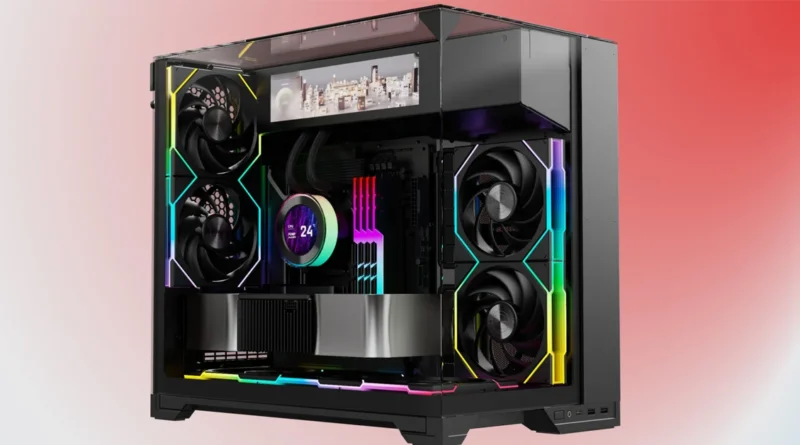 Gabinete Micro-ATX negro con diseño de doble cámara, iluminación RGB, seis ventiladores visibles y espacio para radiadores de 360 mm.
