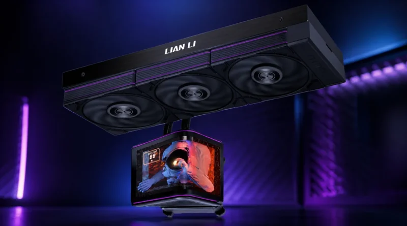 Sistema de refrigeración Lian Li HydroShift II OLED Curved 360, con tres ventiladores negros y pantalla motorizada mostrando un astronauta.