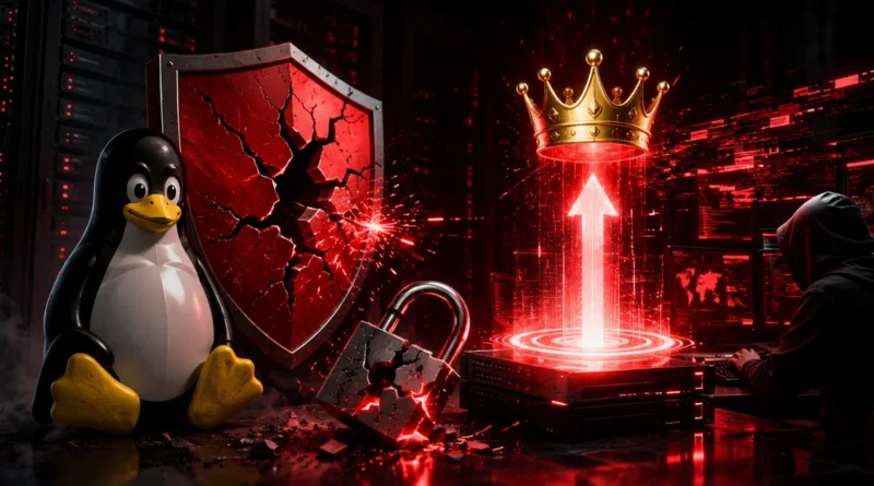 Un pingüino representando Linux junto a un escudo roto rojo, una cerradura y una corona dorada sobre un fondo tecnológico oscuro.