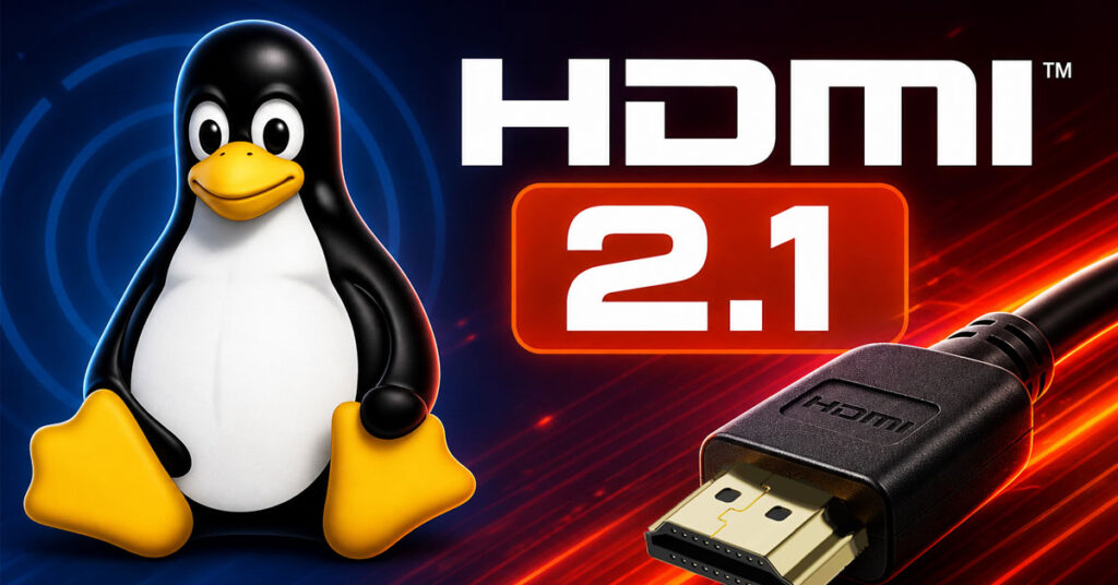 Pingüino de Linux junto al logo de HDMI 2.1 y un conector HDMI en un fondo azul y rojo dinámico.