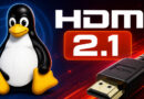 Pingüino de Linux junto al logo de HDMI 2.1 y un conector HDMI en un fondo azul y rojo dinámico.
