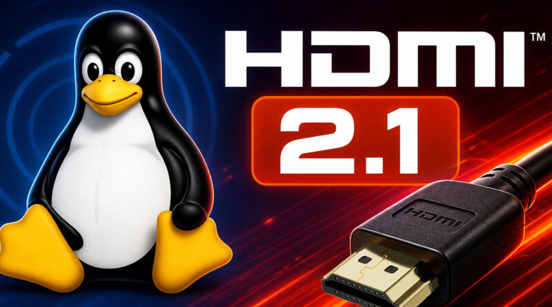 Pingüino de Linux junto al logo de HDMI 2.1 y un conector HDMI en un fondo azul y rojo dinámico.