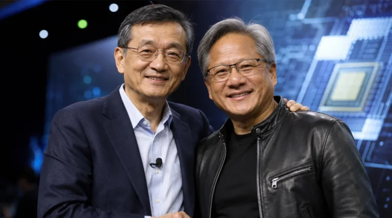 Dos hombres sonrientes, uno con gafas y traje oscuro, el otro en chaqueta de cuero, posan juntos ante un fondo tecnológico azul.