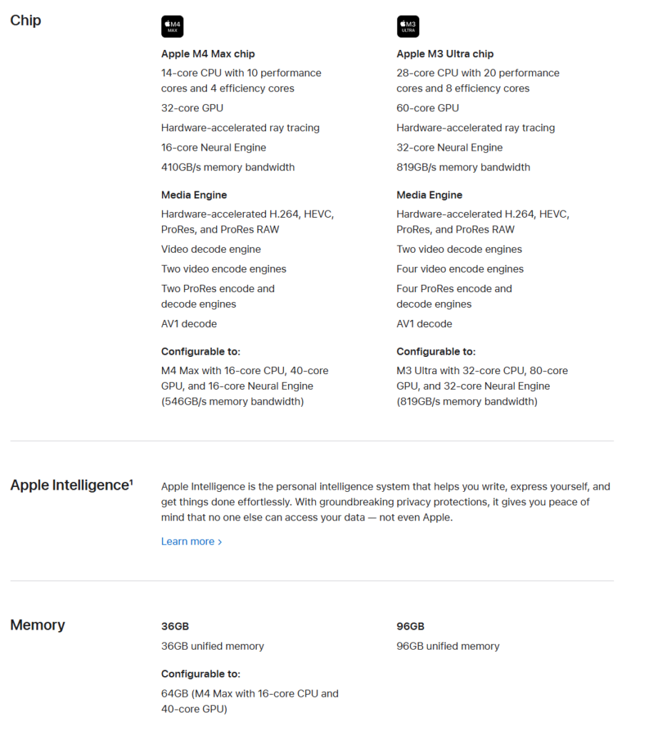 Tabla comparativa con especificaciones técnicas del chip Apple M3 Max y M3 Ultra, incluyendo sus núcleos, GPU y capacidades de memoria unificada.