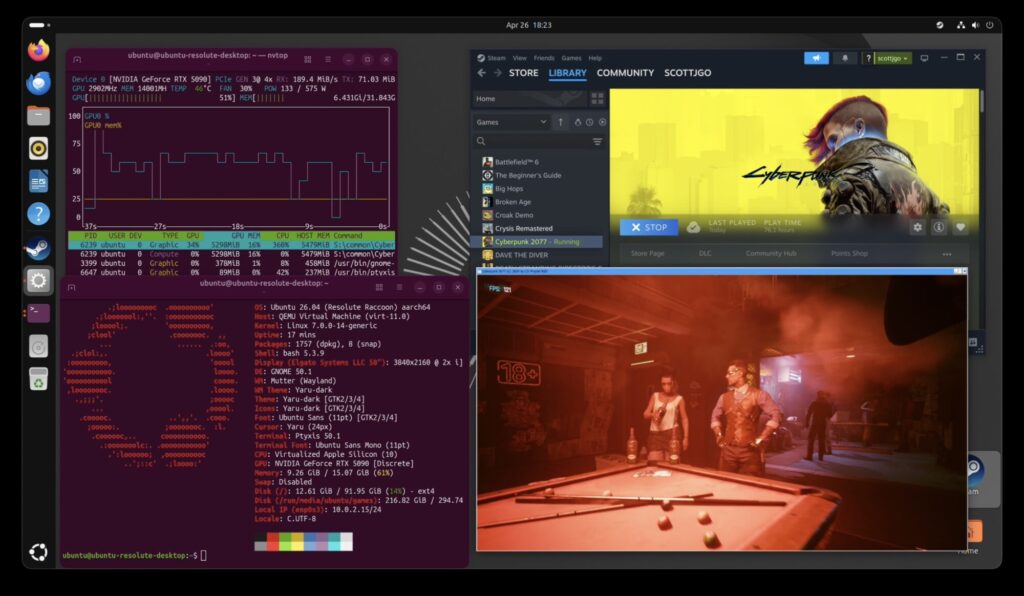 Pantalla con varias ventanas: a la izquierda, gráficas de rendimiento, a la derecha, la tienda de Steam y una escena de un juego de pool.