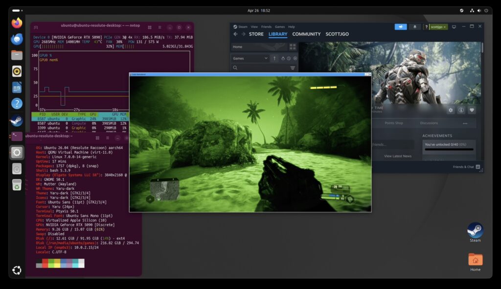 Captura de pantalla de un juego en un MacBook Air M4, mostrando un entorno verde y rocoso, con herramientas de desarrollo a la izquierda.