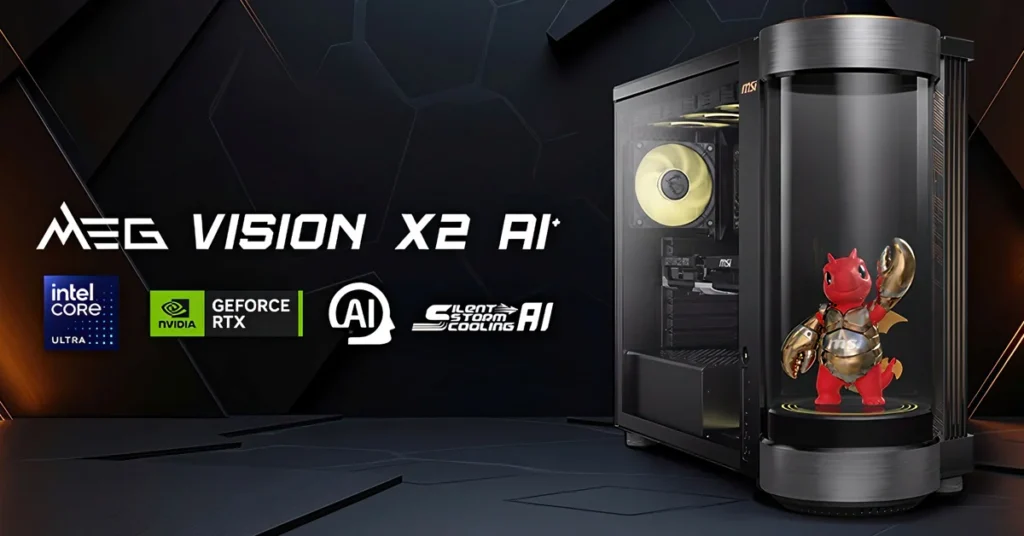 Unidad de PC con panel cilíndrico, luz LED amarilla, figura de dragón con armadura, y logotipos de Intel, NVIDIA y IA.