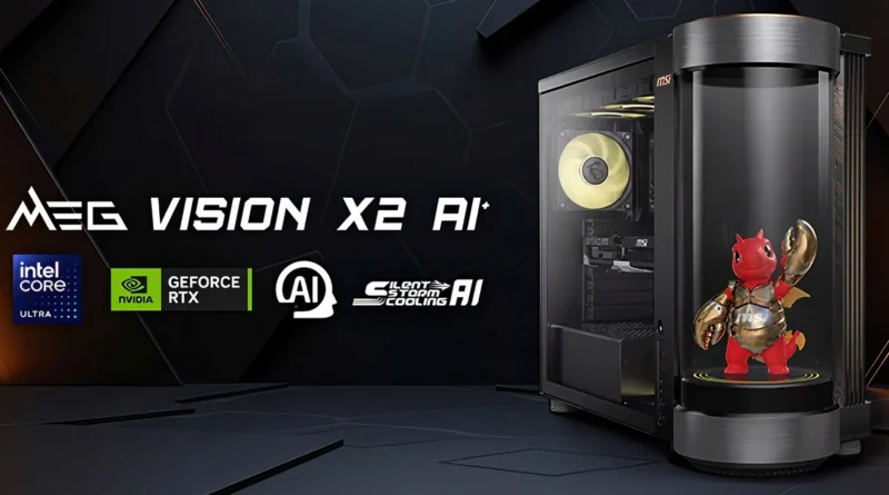 Unidad de PC con panel cilíndrico, luz LED amarilla, figura de dragón con armadura, y logotipos de Intel, NVIDIA y IA.