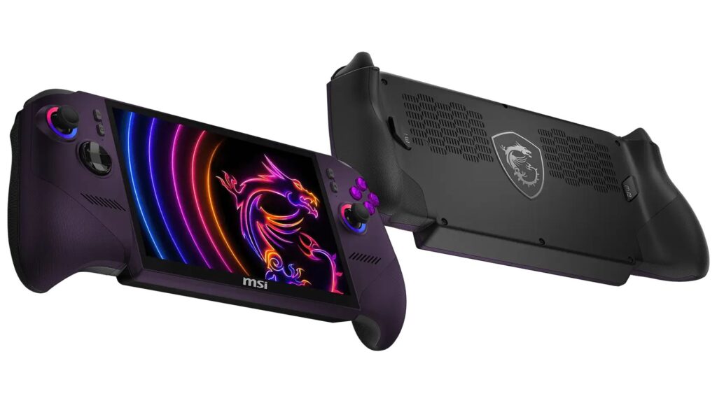 Controlador portátil de MSI en tonos púrpura, con pantalla frontal brillante y diseño negro en la parte posterior, logo de dragón visible.