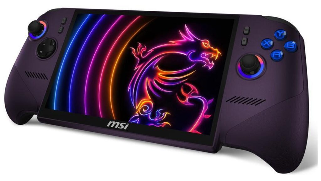 Consola portátil MSI en púrpura con pantalla que muestra un dragón neon colorido y controles azul y negro a los lados.