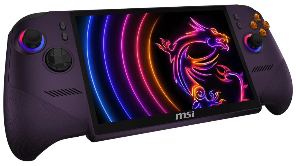Controlador portátil MSI en color púrpura con pantalla brillante, presenta un diseño de dragón neón en un fondo oscuro.