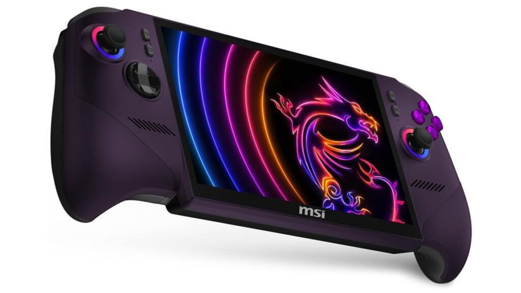 Controlador portátil de color púrpura con pantalla brillante que muestra un dragón en neón. Botones de colores contrastantes.