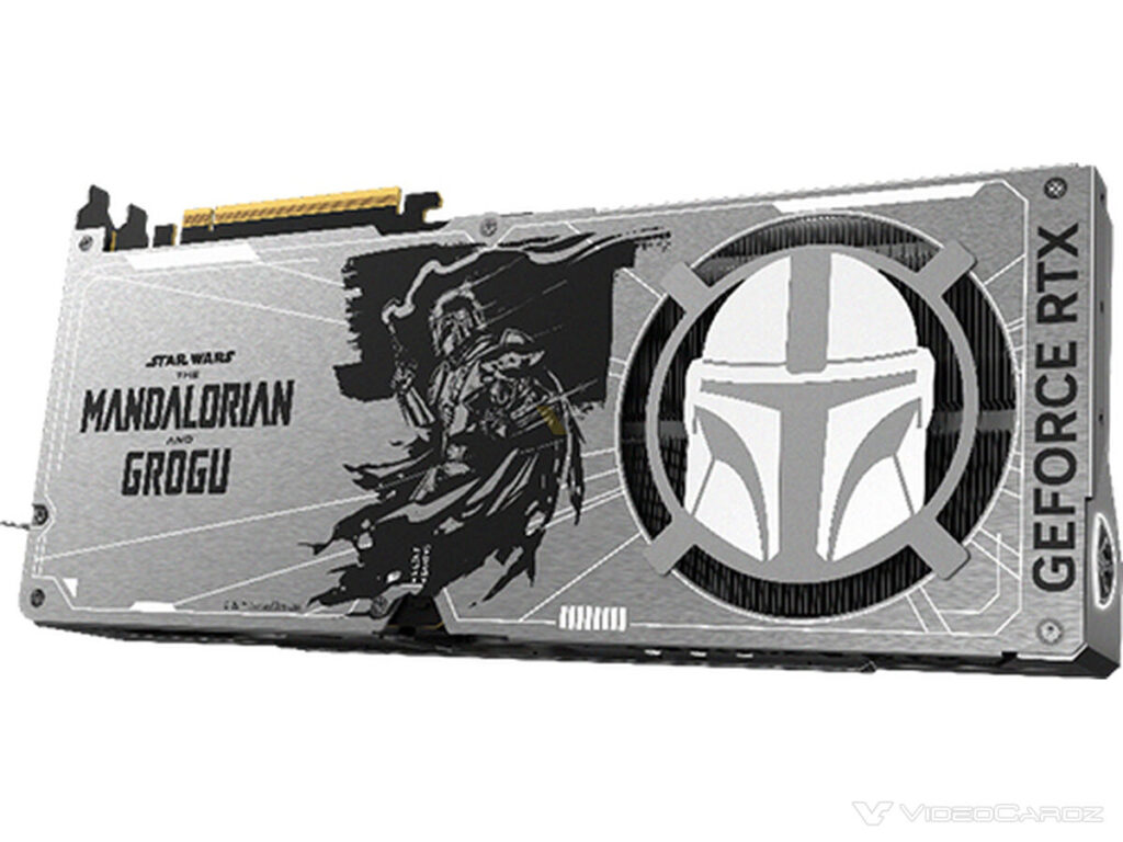 Tarjeta gráfica RTX 5080 con diseño plateado, ilustración del Mandaloriano y Grogu, logotipo de GeForce RTX visible.