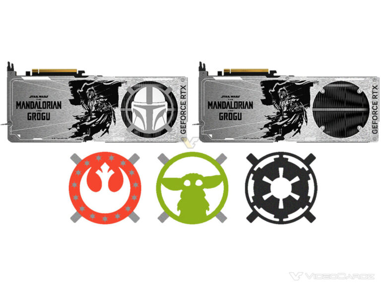 Tarjeta gráfica RTX 5080 con arte de 'The Mandalorian' y 'Grogu', con símbolos de la Alianza Rebelde y el Imperio en colores negro y rojo.