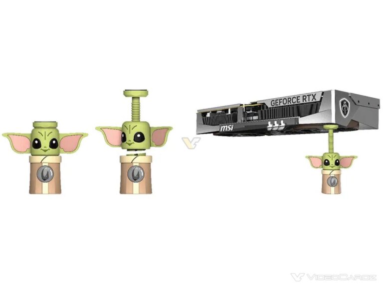 Tarjeta gráfica RTX 5080 de MSI junto a figuras estilizadas de Grogu, con colores predominantes en plata, verde y beige.