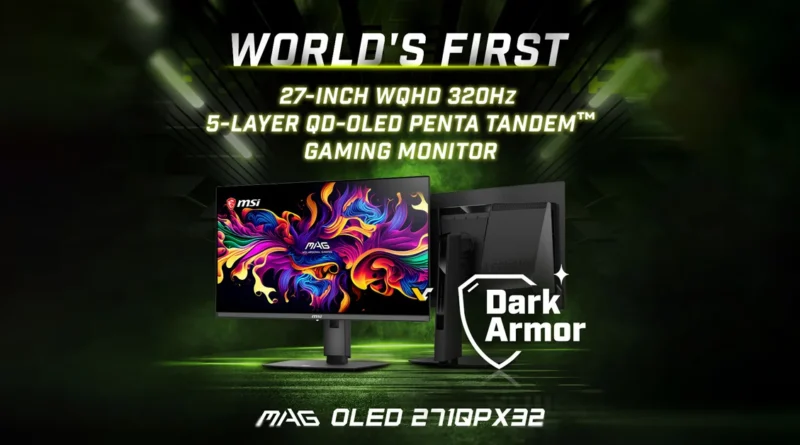 Monitor de 27 pulgadas, colores vibrantes en pantalla, con diseño moderno y un fondo verde. Incluye logo de MSI y características destacadas.