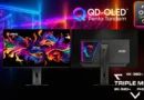 Monitores MSI con panel QD-OLED, uno en 4K y otro en modo triple, mostrados en un fondo colorido y dinámico.