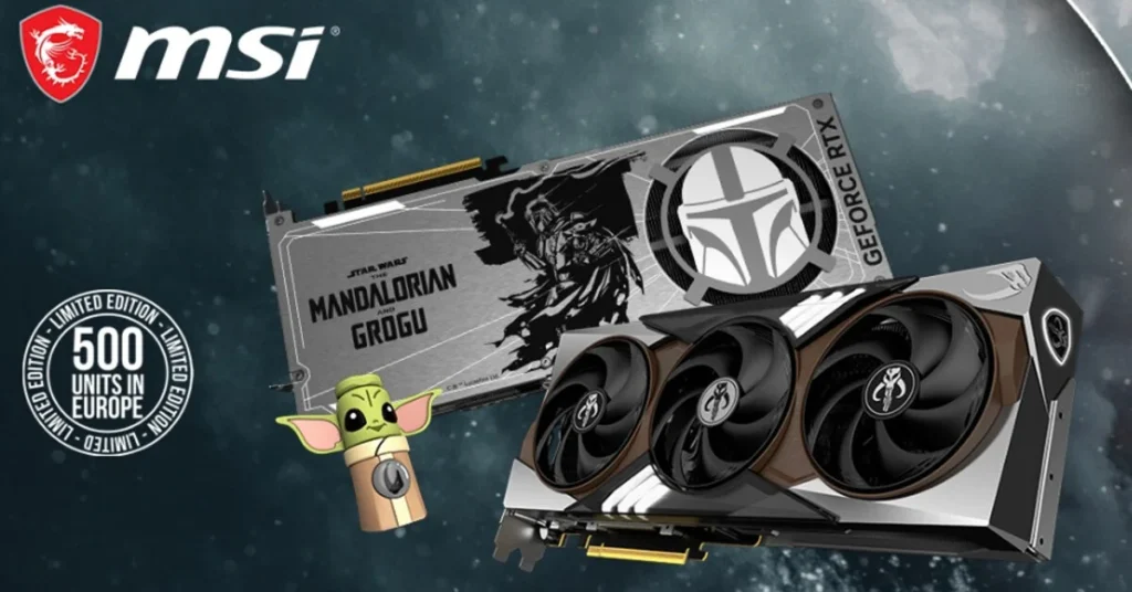 Tarjeta gráfica RTX 5080 en edición limitada con diseño de Mandalorian y Grogu, en tonos grises y negro, con fanáticos visibles.