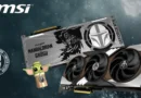 Tarjeta gráfica RTX 5080 en edición limitada con diseño de Mandalorian y Grogu, en tonos grises y negro, con fanáticos visibles.