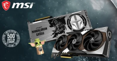 Tarjeta gráfica RTX 5080 en edición limitada con diseño de Mandalorian y Grogu, en tonos grises y negro, con fanáticos visibles.
