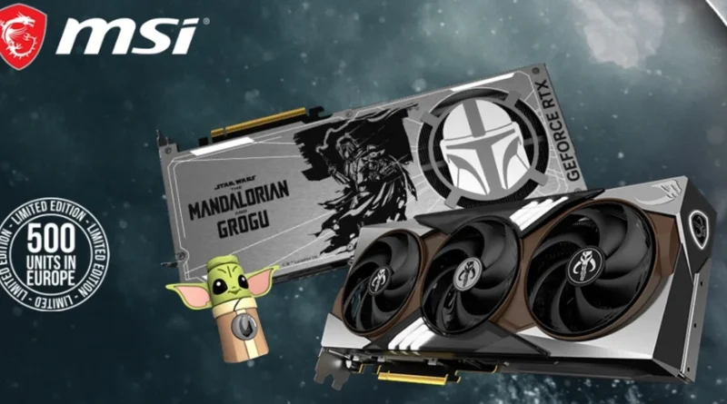 Tarjeta gráfica RTX 5080 en edición limitada con diseño de Mandalorian y Grogu, en tonos grises y negro, con fanáticos visibles.