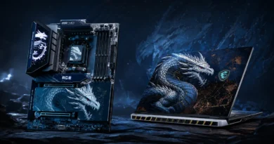 Placa base AM5 de MSI junto a un portátil con arte de dragón, en un fondo de tonos oscuros que evoca un ambiente tecnológico y de juego.