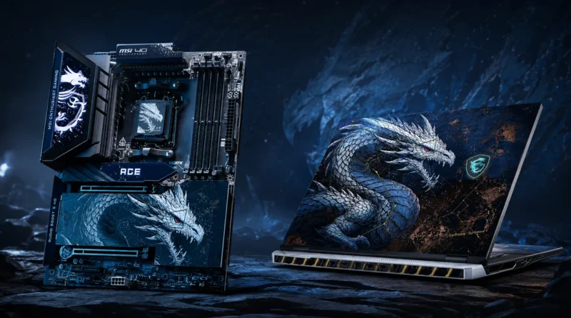 Placa base AM5 de MSI junto a un portátil con arte de dragón, en un fondo de tonos oscuros que evoca un ambiente tecnológico y de juego.