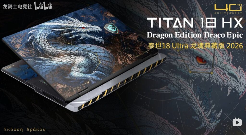 Portátil Titan 18 HX Dragon Edition con diseño de dragón épico, colores oscuros y detalles dorados, sobre un fondo sencillo.