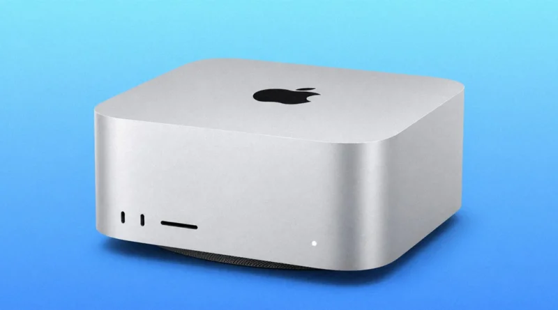 Mac Studio M3 Ultra en acabado plateado, con logotipo de Apple en la parte superior, sobre un fondo azul degradado.