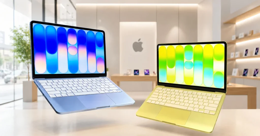 Dos MacBook Neo flotan en un entorno moderno de tienda Apple, uno en azul y otro en amarillo, con teclados blancos y pantallas vibrantes.