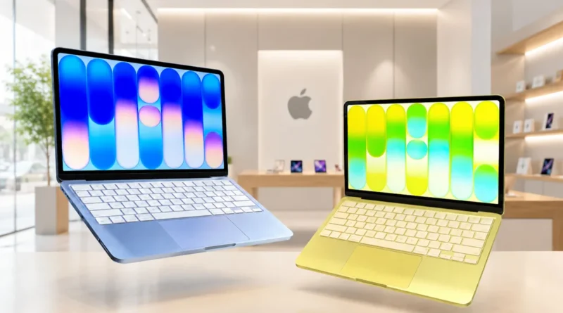 Dos MacBook Neo flotan en un entorno moderno de tienda Apple, uno en azul y otro en amarillo, con teclados blancos y pantallas vibrantes.