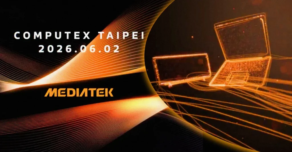 Fondo oscuro con líneas doradas y naranjas, mostrando laptops con el texto "COMPUTEX TAIPEI 2026.06.02" y el logo de MediaTek.