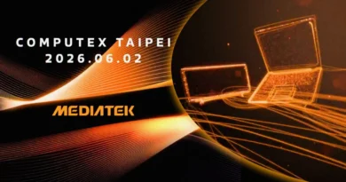 Fondo oscuro con líneas doradas y naranjas, mostrando laptops con el texto "COMPUTEX TAIPEI 2026.06.02" y el logo de MediaTek.