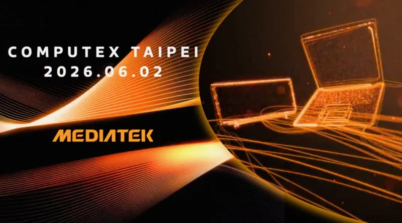 Fondo oscuro con líneas doradas y naranjas, mostrando laptops con el texto "COMPUTEX TAIPEI 2026.06.02" y el logo de MediaTek.