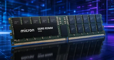 Módulo de RAM DDR5 de 256 GB de Micron, con chips oscuros sobre un fondo azul y púrpura con gráficos digitales.