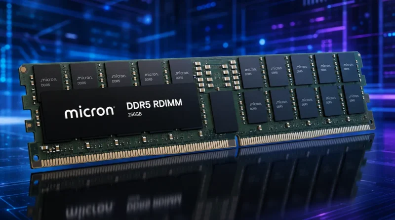 Módulo de RAM DDR5 de 256 GB de Micron, con chips oscuros sobre un fondo azul y púrpura con gráficos digitales.