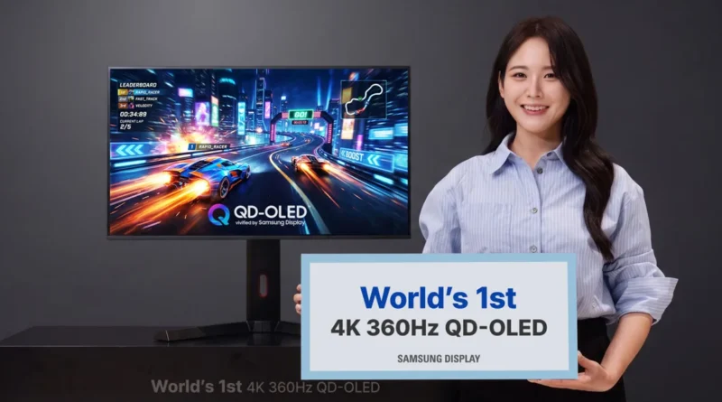 Una mujer sostiene un cartel que anuncia el primer panel QD-OLED 4K 360Hz, mientras se muestra un monitor con gráficos de carreras brillantes.