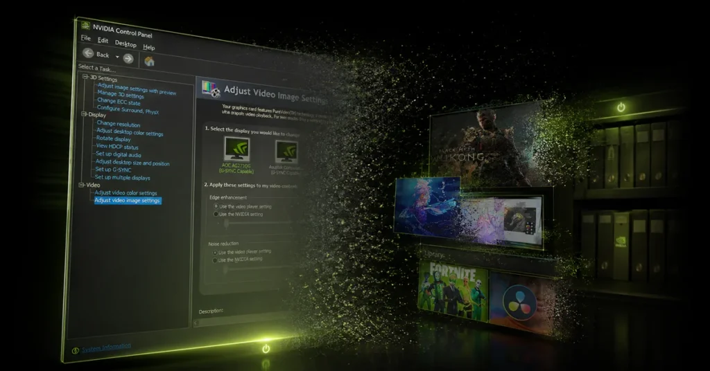 Interfaz del Panel de Control de NVIDIA en un fondo oscuro, con ajustes de vídeo y opciones gráficas resaltadas en verde.