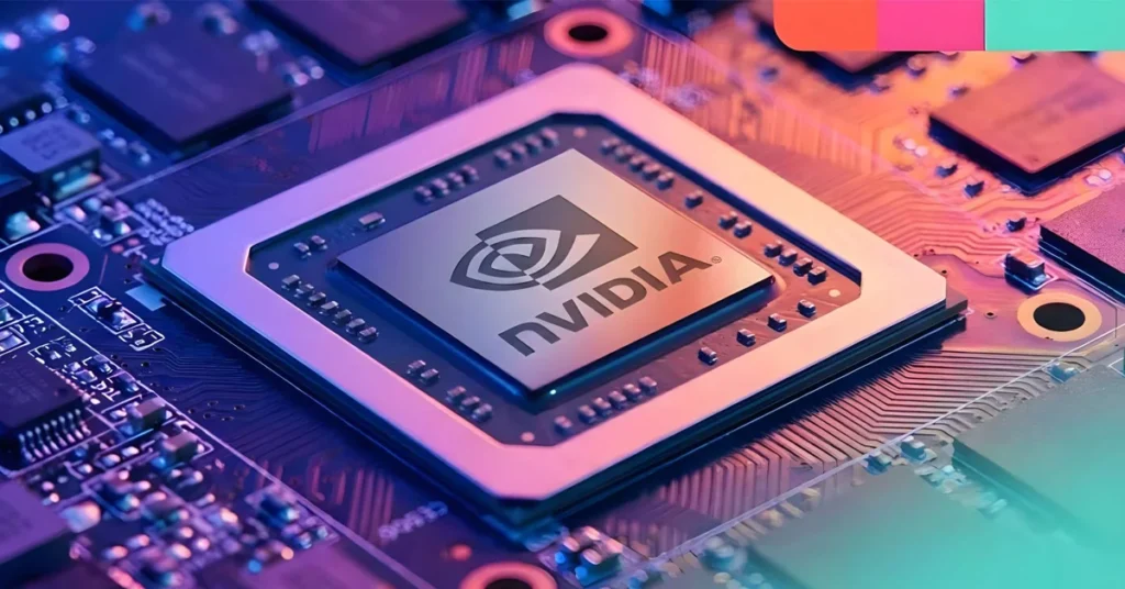 Chip de NVIDIA en un circuito impreso, con un fondo colorido que resalta sus detalles técnicos y el logotipo en el centro.
