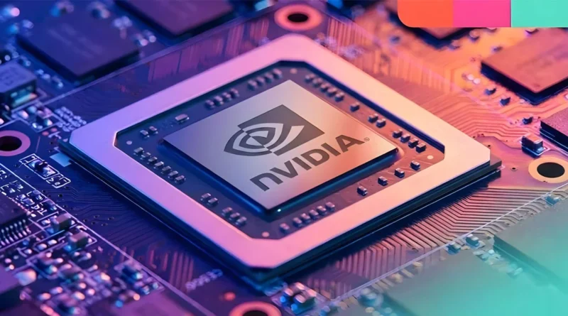 Chip de NVIDIA en un circuito impreso, con un fondo colorido que resalta sus detalles técnicos y el logotipo en el centro.