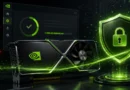Tarjeta gráfica de NVIDIA sobre un fondo con gráficos digitales y un escudo verde con un candado, simbolizando seguridad y protección.