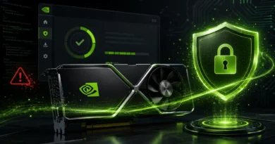 Tarjeta gráfica de NVIDIA sobre un fondo con gráficos digitales y un escudo verde con un candado, simbolizando seguridad y protección.