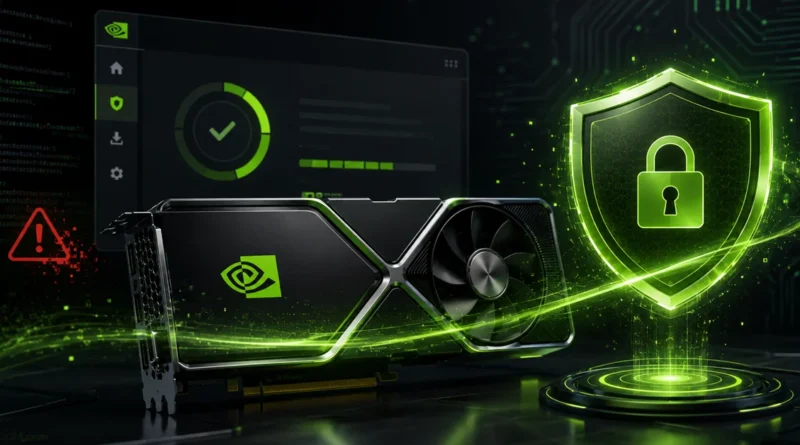Tarjeta gráfica de NVIDIA sobre un fondo con gráficos digitales y un escudo verde con un candado, simbolizando seguridad y protección.