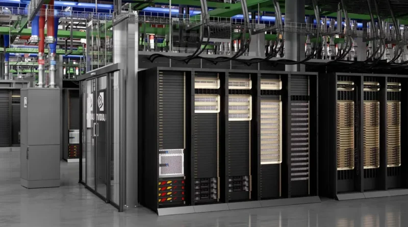 Servidores en un centro de datos con varias unidades de almacenamiento y componentes electrónicos, predominando colores oscuros y detalles metálicos.