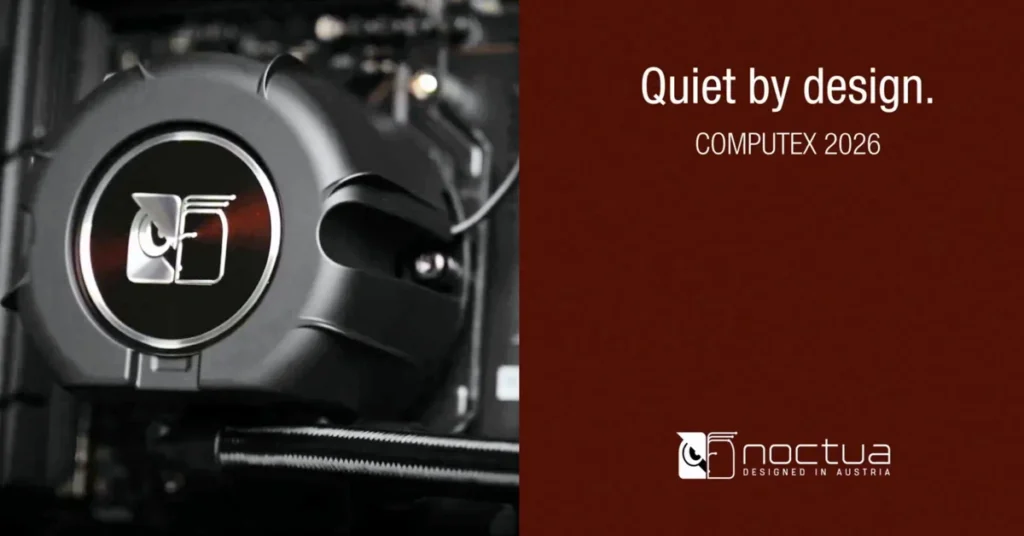 Refrigerador AIO de Noctua con diseño elegante en negro, destacando su logo y la frase "Quiet by design" sobre un fondo marrón.