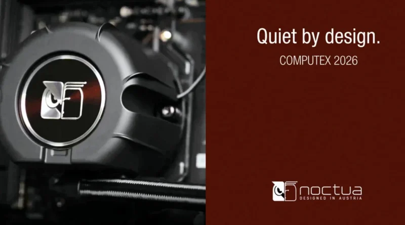 Refrigerador AIO de Noctua con diseño elegante en negro, destacando su logo y la frase "Quiet by design" sobre un fondo marrón.