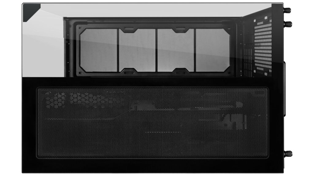 Gabinete Micro-ATX de Lian Li con diseño de doble cámara, panel lateral de vidrio y rejilla frontal en color negro.